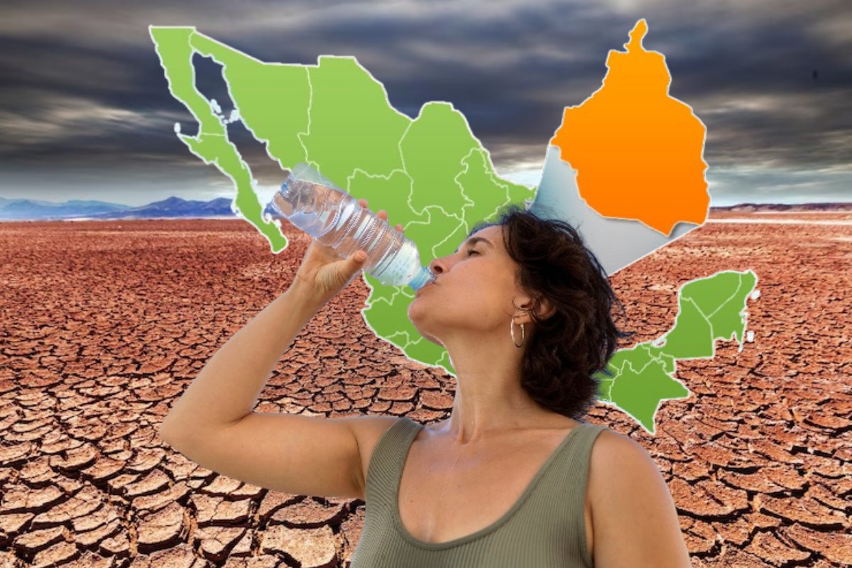 Persona tomando agua frente a un mapa de México en donde resalta CDMX y de fondo, un lugar que presenta sequía.    Foto: Freepik | Canva | México real