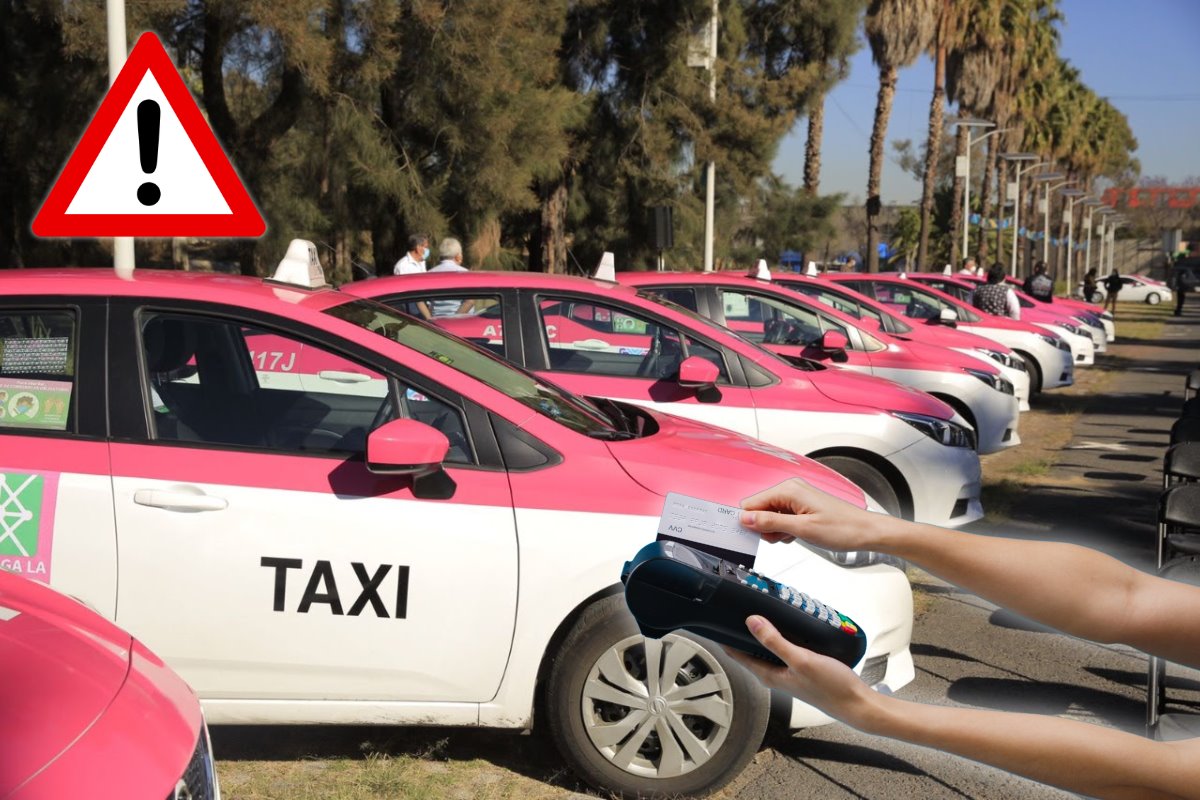 De fondo taxis de CDMX, persona pagando con tarjeta, ilustración de precaución por fraude. Foto: Gobierno CDMX | Canva