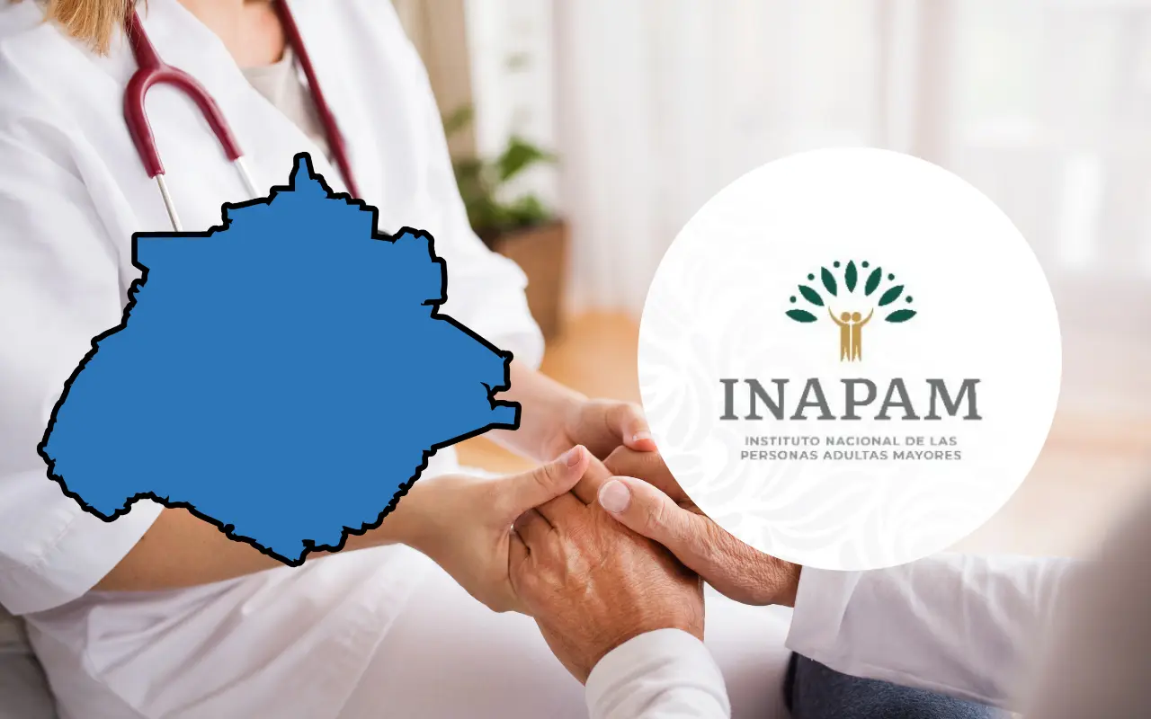 Mapa de Aguascalientes, médico sosteniendo manos de una persona mayor y logo de INAPAM. Foto: Canva / INAPAM