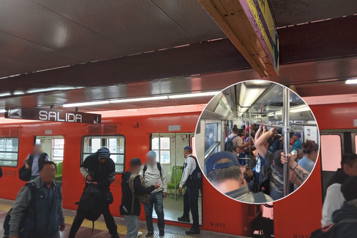 Personas bajando del Metro de CDMX y en la parte inferior izquierda, un vagón del STC lleno de gente.    FOTO: X (@MetroCDMX)