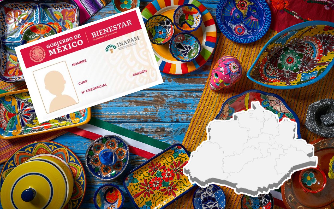 Tarjeta del INAPAM, platos y adornos mexicanos y mapa del estado de Aguascalientes. Foto: INAPAM /Canva