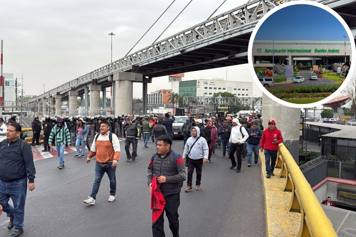 De fondo bloqueo de CNTE en el AICM, fachada del AICDM Foto: Ramón Ramírez I X (@AICM_mx) I Canva