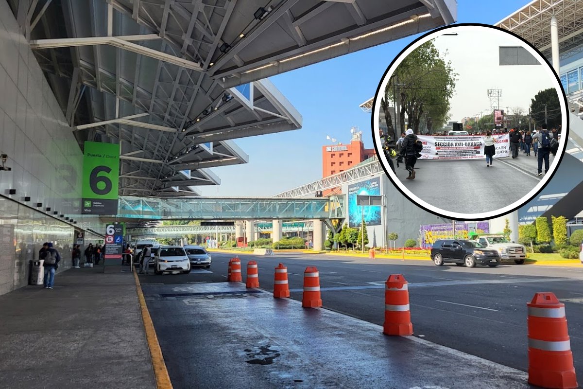 De fondo Terminal 1 del AICM, marcha de la CNTE. Foto: Maps (Erika Redondo) | Ramón Ramírez | Canva