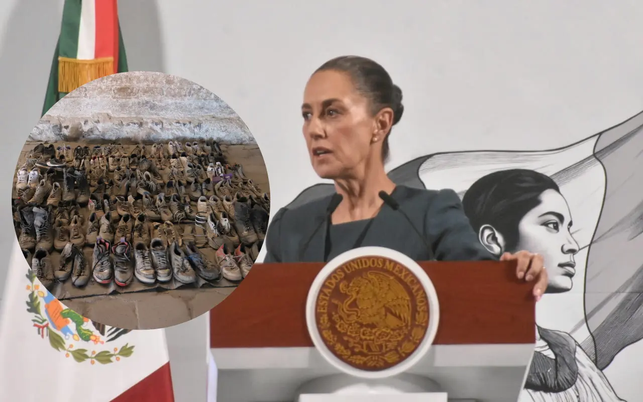 Claudia Sheinbaum y pertenencias encontradas en Rancho Izaguirre. Foto: Enrique Pérez Huerta / Fiscalía del Estado de Jalisco