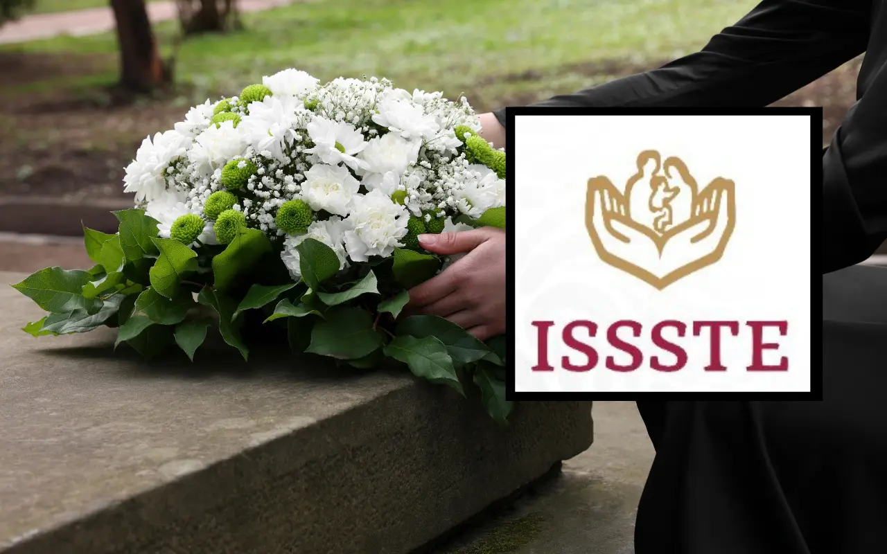 Flores funerarias y logo del ISSSTE. Foto: ISSSTE / Canva