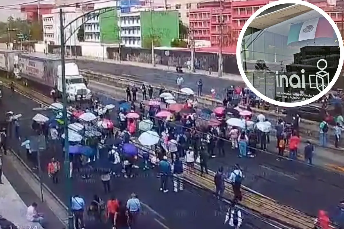 De fondo bloqueo de trabajadores del INAI en avenida Insurgentes Sur Foto: Captura de Pantalla X @C5_CDMX)