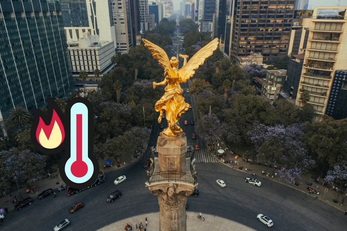 Ángel de la Independencia en CDMX y termómetro con alta temperatura. Canva