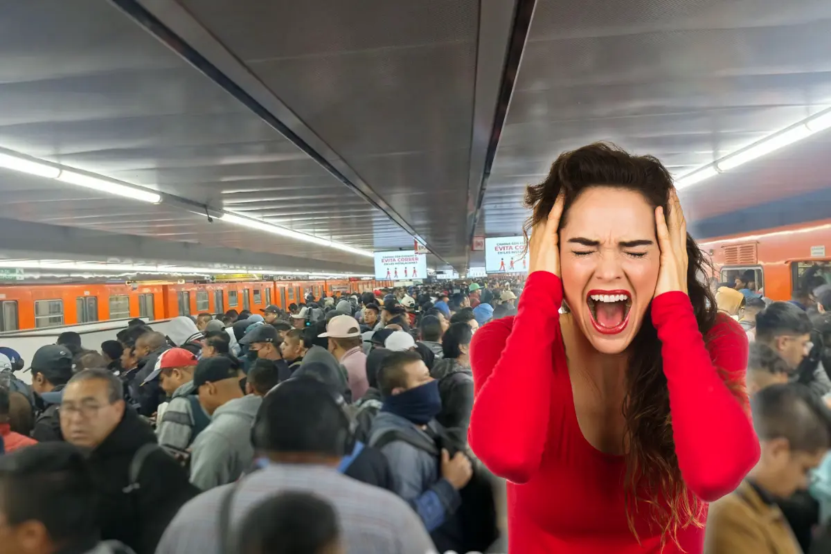 El Metro CDMX con alta afluencia de gente, ilustración de persona gritando. Foto: X @Viral_Metro2 | Canva