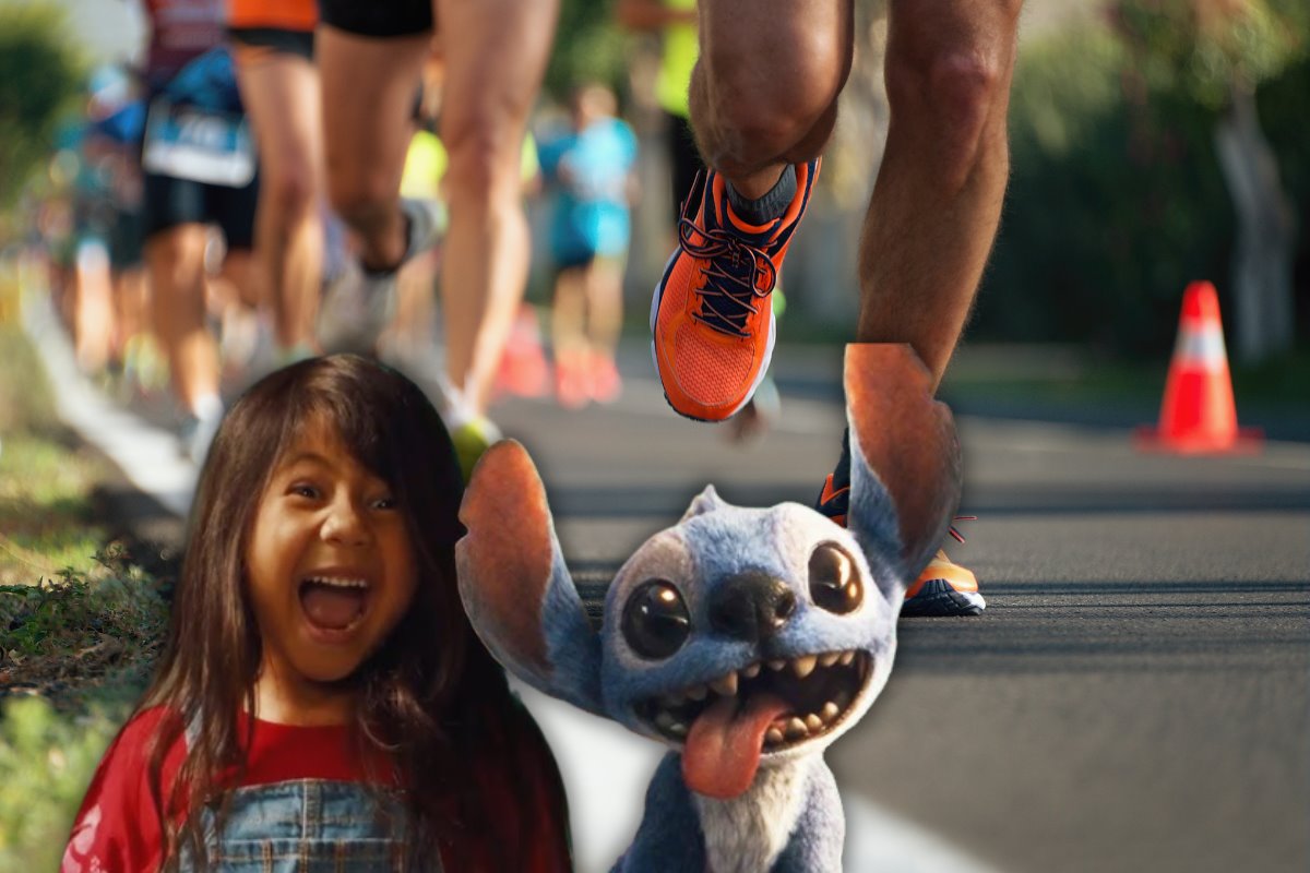 De fondo personas corriendo, Lilo y Stitch. Foto: Captura de pantalla YouTube (Disney) | Canva