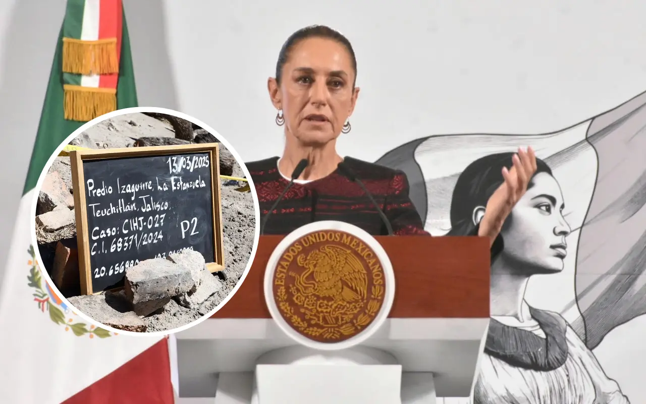 Claudia Sheinbaum y letrero de tareas de investigación en Rancho Izaguirre. Foto: Enrique Pérez Huerta / Fiscalía del Estado de Jalisco