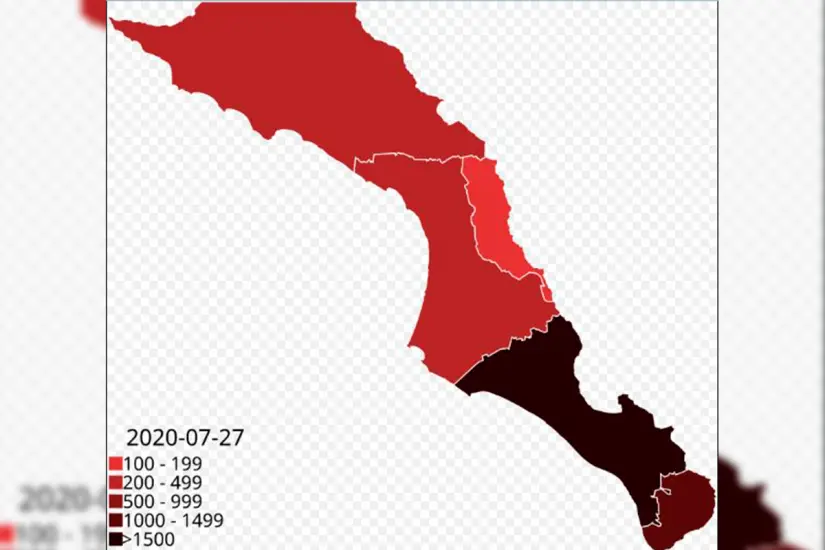 Mapa de Covid-19 en BCS. en los primeros meses de 2020. Imagen: Wikimedia Commons.