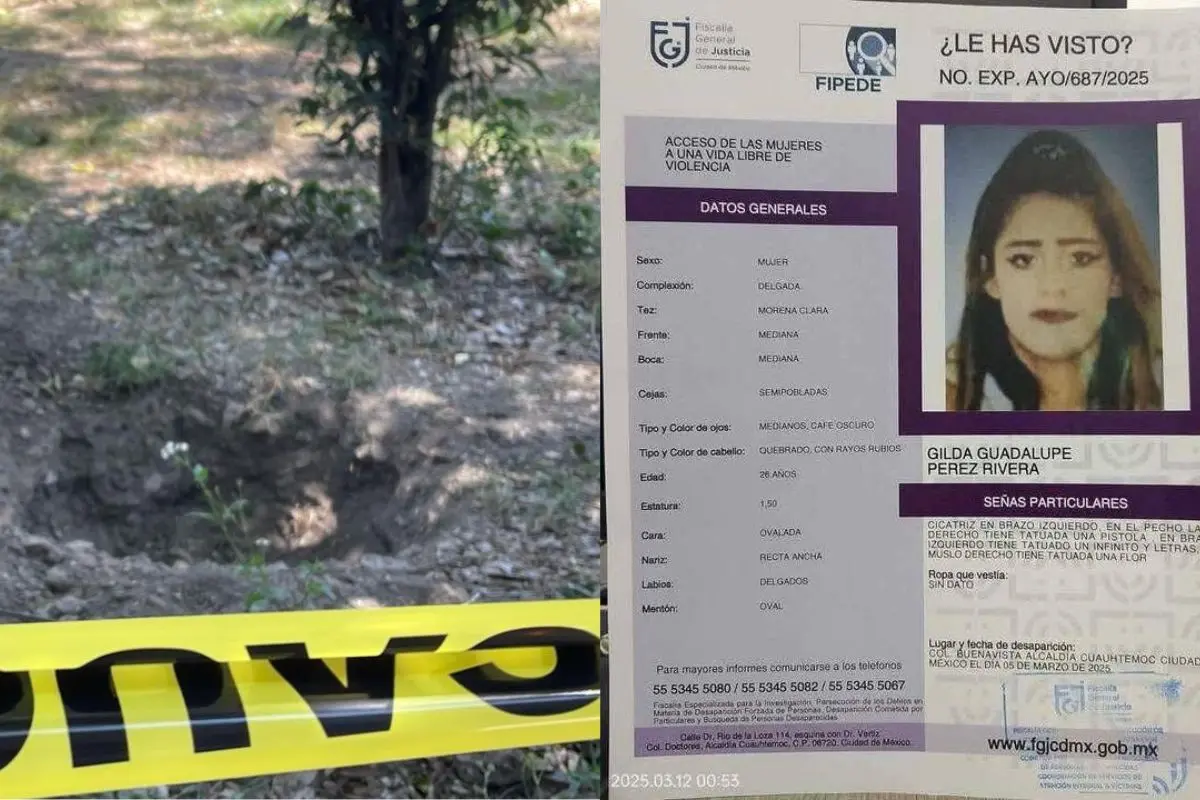 Lugar donde fue localizado el cuerpo de Gilda Guadalupe en Tlatelolco y ficha de búsqueda Foto: Iván Macías I FGJCDMX I Canva