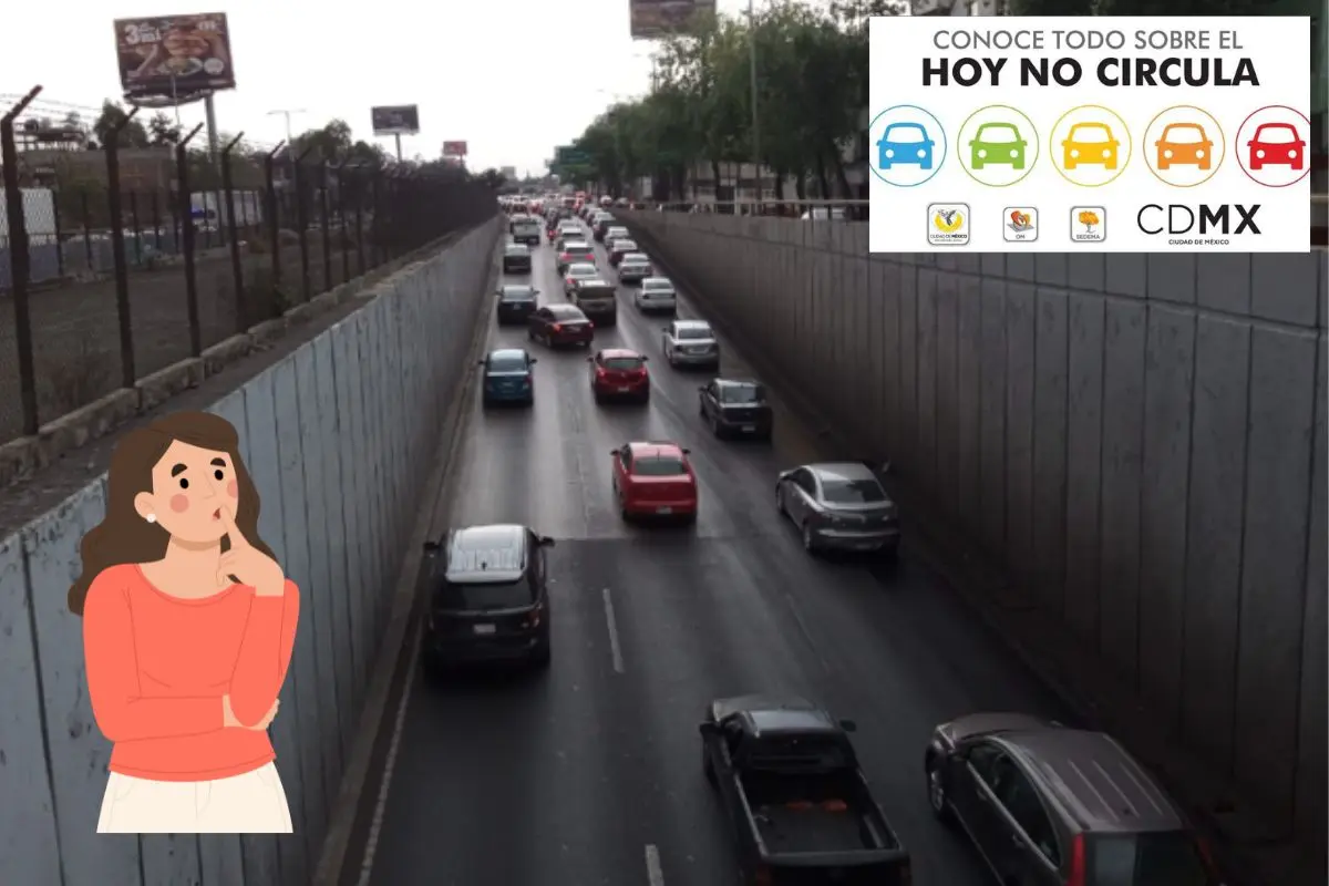 De fondo autos circulando sobre Circuito Interior, logo Hoy No Circula. Foto: X (@OVIALCDMX) I Canva