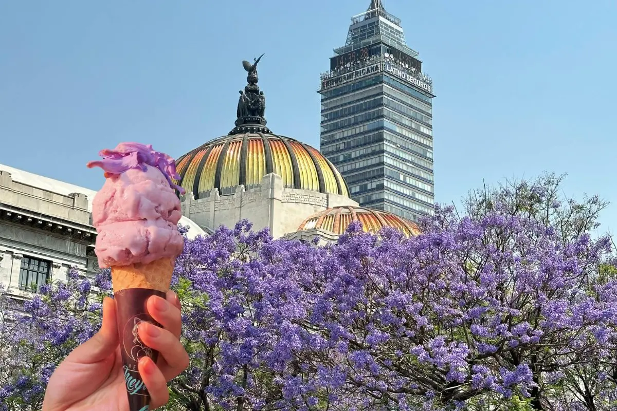 De fondo Palacio de Bellas Artes y Torre Latinoamericana jacarandas, helado de jacaranda.   Foto: IG (@meyvihelados) I Canva