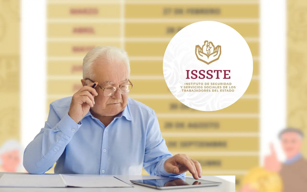Logo del ISSSTE, calendario de pagos de pensión y adulto mayor revisando una tablet. Foto: ISSSTE / Canva
