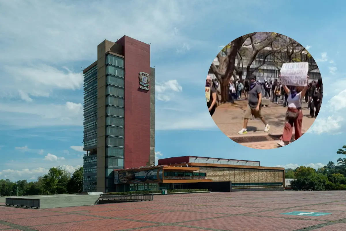 Torre de Rectoría UNAM y estudiante con pancarta. Foto: Iberoamericana, @dontomini | Canva