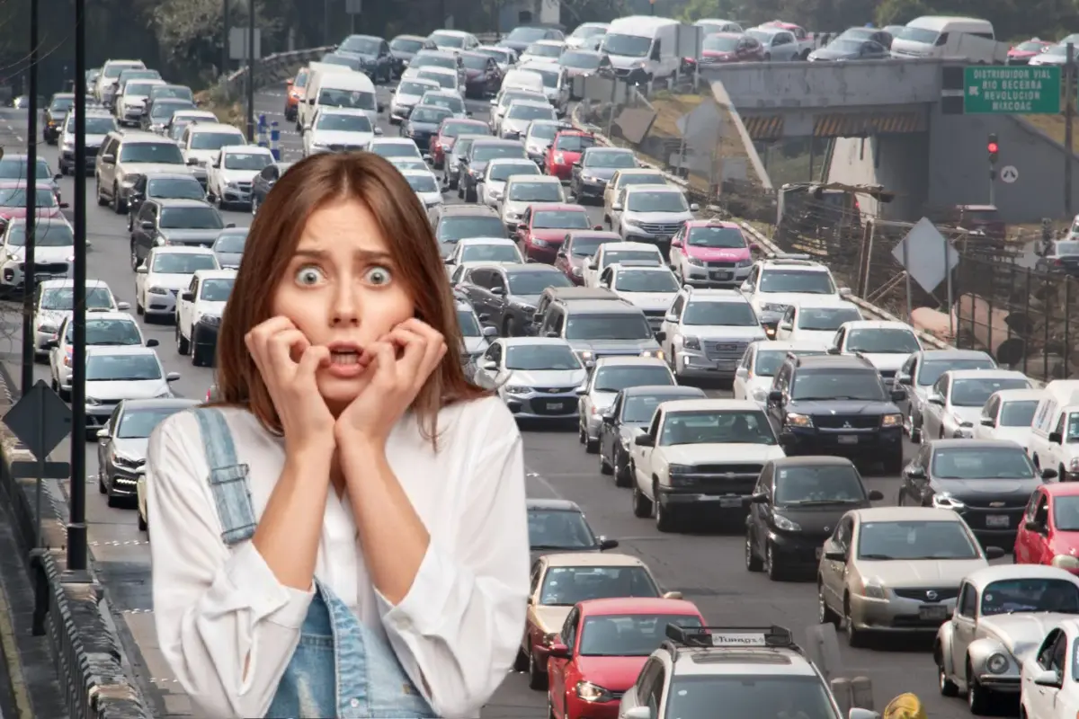 Avenida Periférico en CDMX y chica asustada. Foto: Plumas atómicas | Canva
