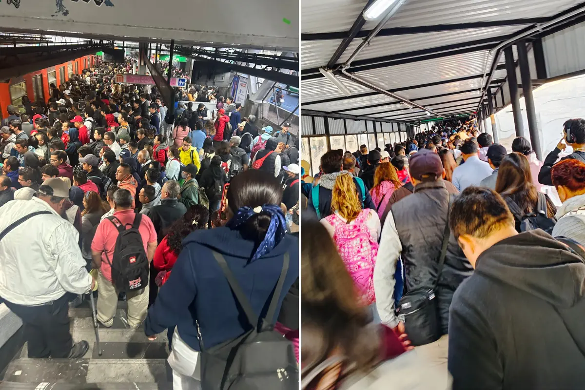 Personas tratando de subir al Metro de CDMX.   Foto: X (@chiquito_lucina) | X (@DianaCastilloP4) | Canva