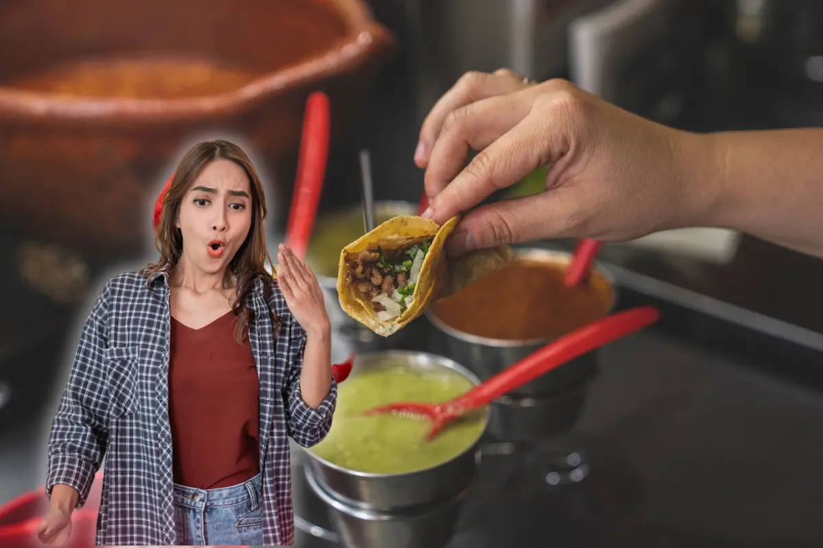 De fondo taco con salsa, persona enchilada. Foto: Canva