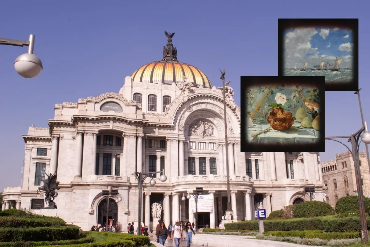 De fondo Bellas Artes, obras de la exposición de artistas reconocidos. Foto: Maps (Javier Barrera) | Palacio de Bellas Artes | Canva