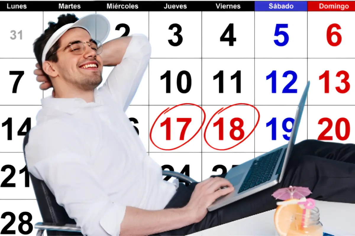 Persona trabajando mientras piensa en vacaciones y de fondo un calendario del mes de abril con jueves 17 y viernes 18 marcados con rojo.     Foto: Freepik | Canva | Calendarpedia