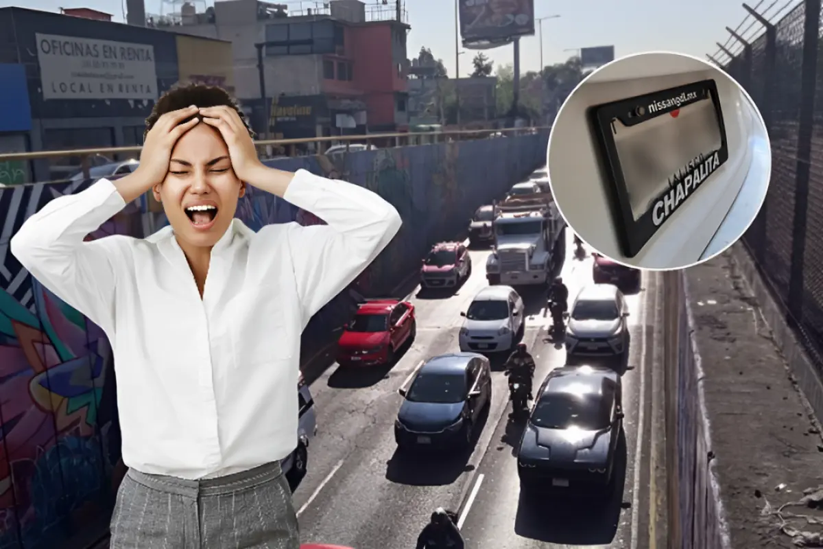 Personas estresada por la regulación de portaplacas y de fondo vehículos circulando en una avenida de CDMX. Foto: Michelle Vázquez | Freepik | Canva | X (@OVIALCDMX)