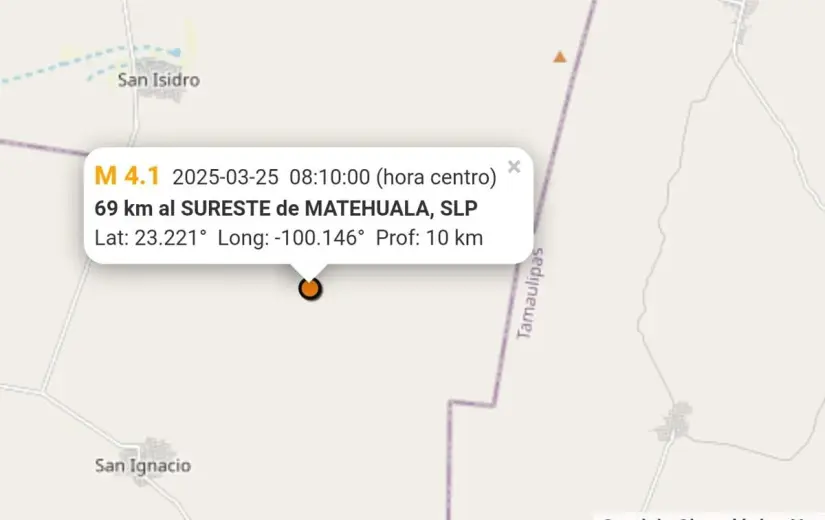 De acuerdo con el Servicio Sismológico Nacional, se ubicó 69 kilómetros al sureste de Matehuala, pero el punto se encuentra en los límites con Tamaulipas. Foto: Captura de pantalla