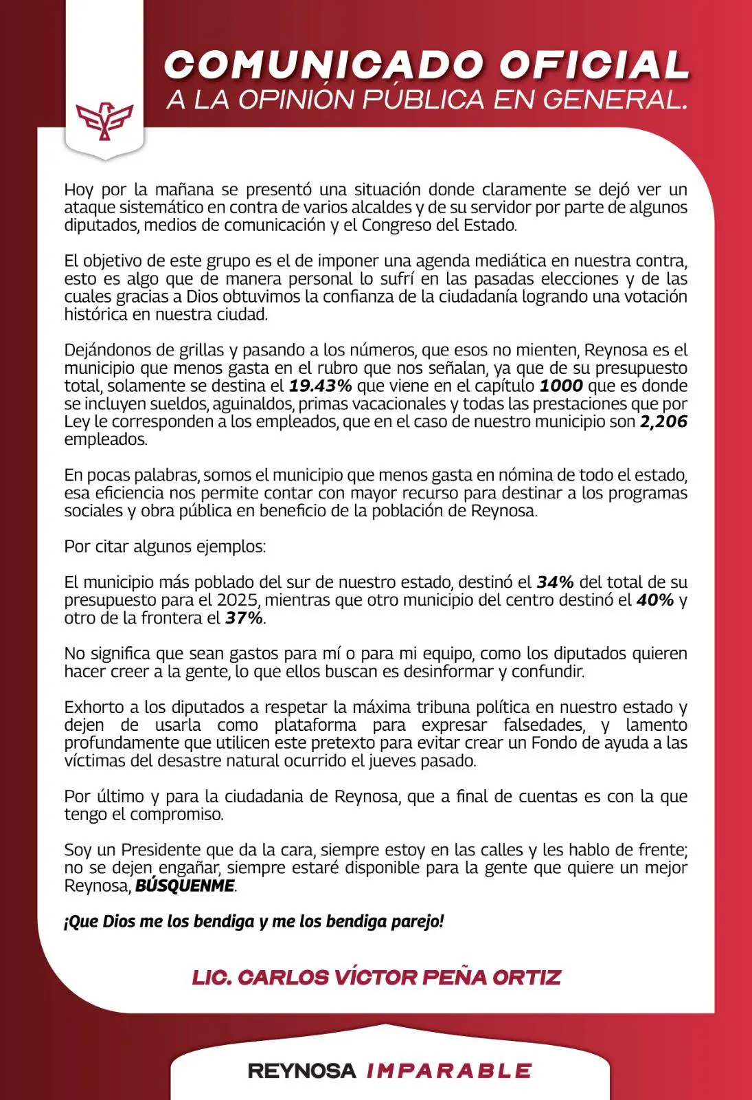 imagen recuadro Comunicado Oficial del alcalde de Reynosa. Foto: Gobierno Municipal Reynosa
