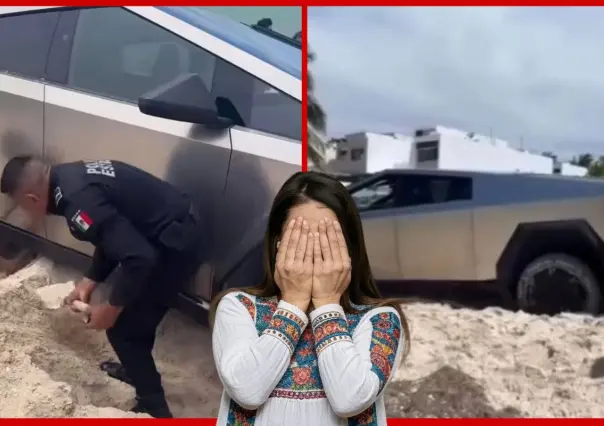 Turista queda atascado con su Tesla Cybertruck en playa de Yucatán