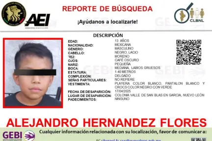 Reportan desaparición de un menor de edad en García Reportan desaparición de un menor de edad en García