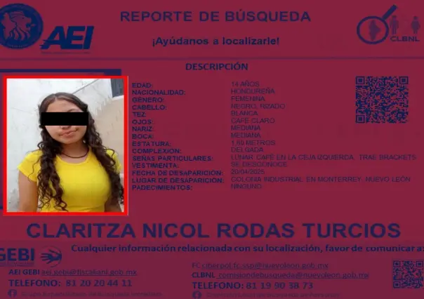 Autoridades solicitan el apoyo de búsqueda de menor hondureña desaparecida en Monterrey