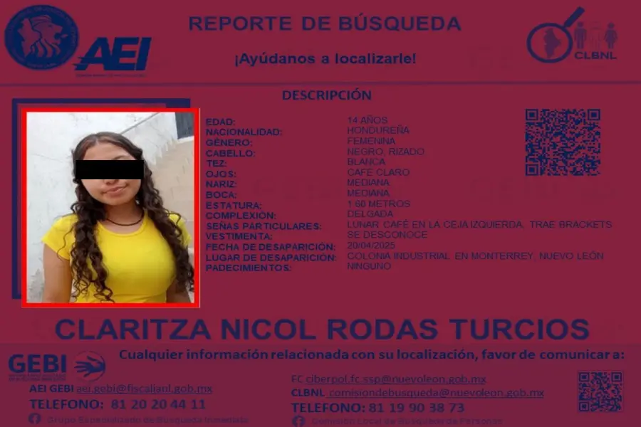 Autoridades solicitan el apoyo de búsqueda de menor hondureña desaparecida en Monterrey