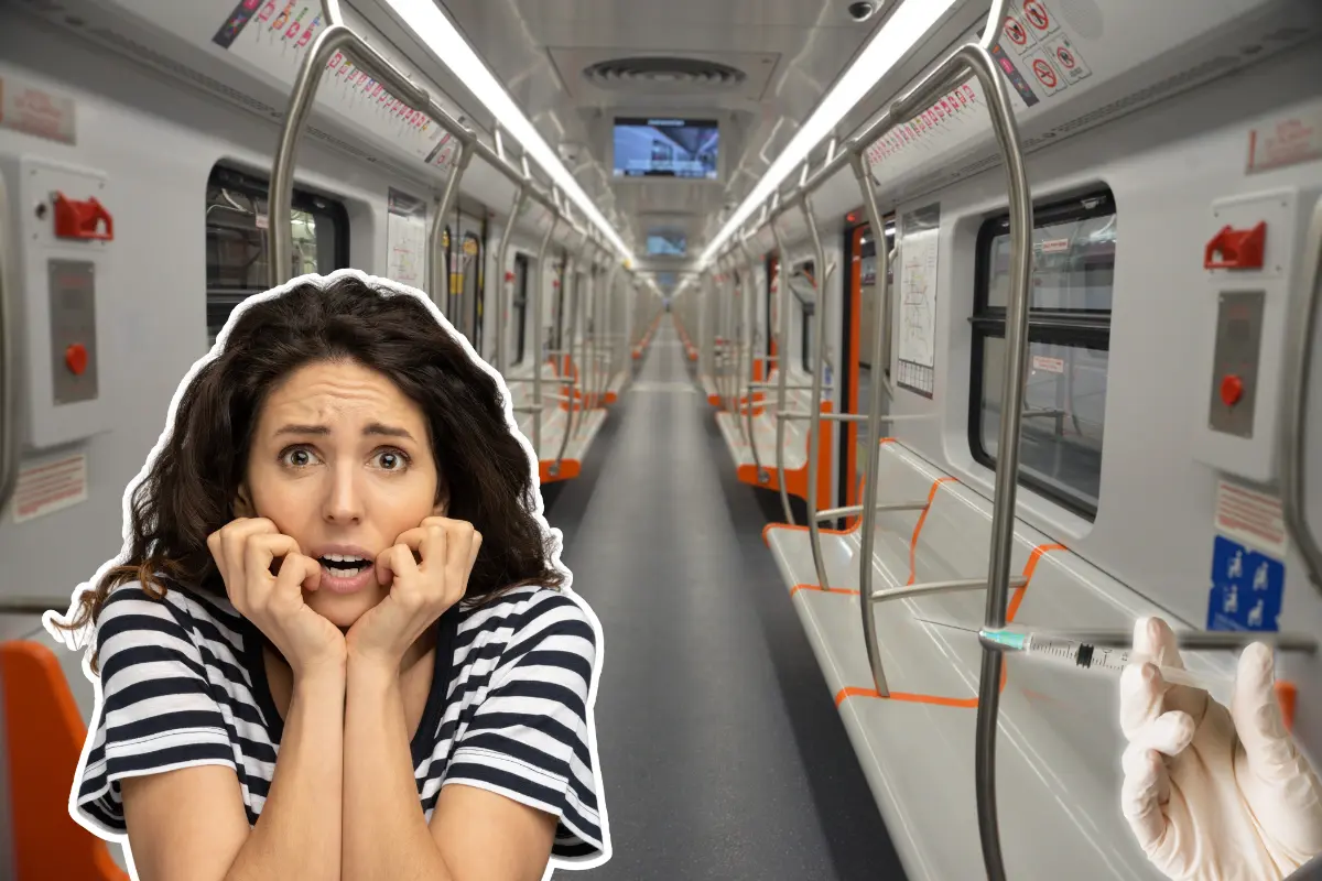 De fondo vagón del Metro, persona con miedo, aguja. Foto: Metro CDMX | Canva