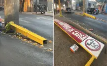 Tráiler derriba señalamiento de altura en la Miguel Hidalgo y huye