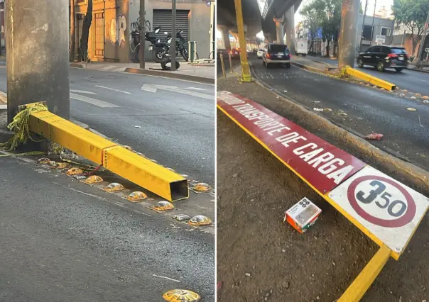 Tráiler derriba señalamiento de altura en la Miguel Hidalgo y huye
