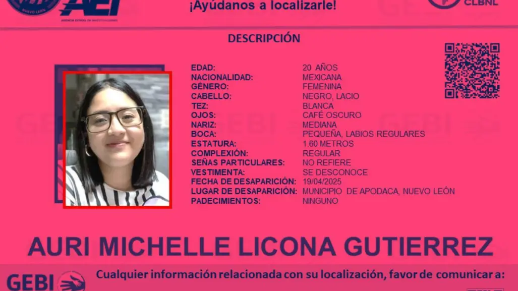 Buscan a Auri Michelle, joven desaparecida en Apodaca