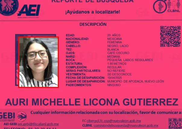 Buscan a Auri Michelle, joven desaparecida en Apodaca