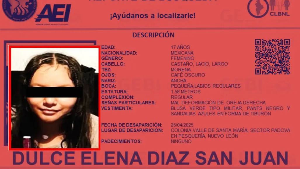 Buscan a Dulce Elena, menor desaparecida en Pesquería