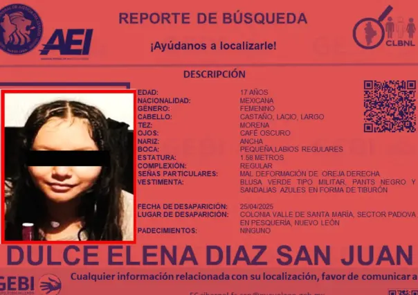 Buscan a Dulce Elena, menor desaparecida en Pesquería