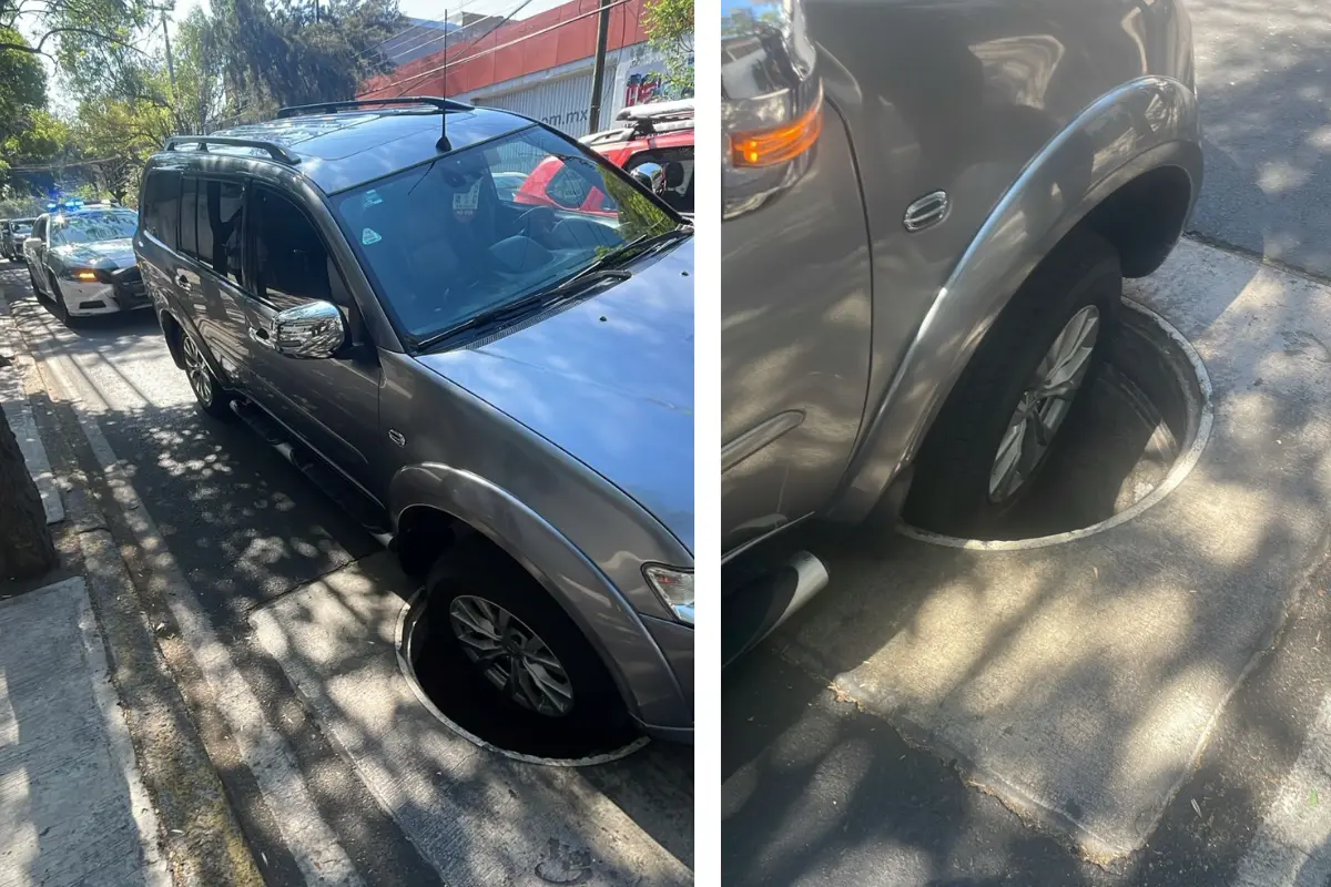 Así cayó auto en coladera sin tapa en Cuauhtémoc. Foto: Ramón Ramírez