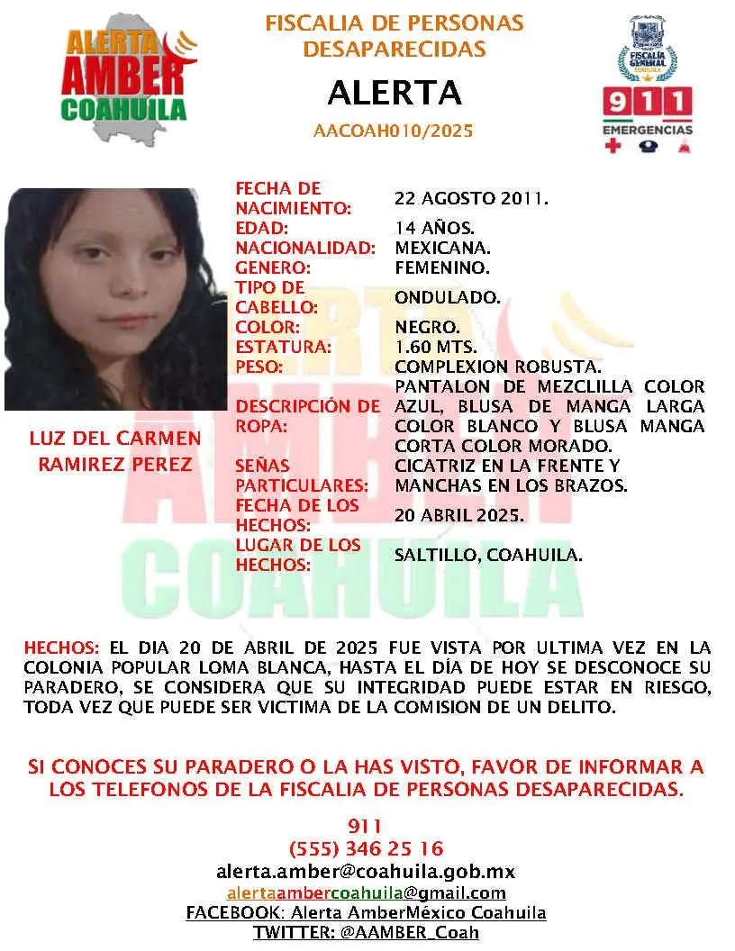 imagen recuadro Ficha de búsqueda de la menor Luz del Carmen Ramírez Pérez, menor desaparecida en Saltillo / Foto: Fiscalía de Personas Desaparecidas del Estado de Coahuila