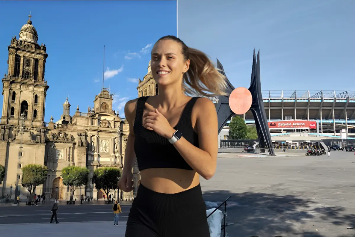 Zócalo de CDMX, Estadio Azteca y una mujer corriendo al frente.      Foto: Google Maps (Carlos Hernán Arango Botero y Ron Nelson) | Freepik | Canva