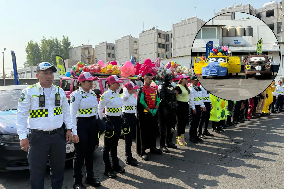 De fondo policías de la SSC, carros adornados por el Día del Niño. Foto: Ramón Ramírez