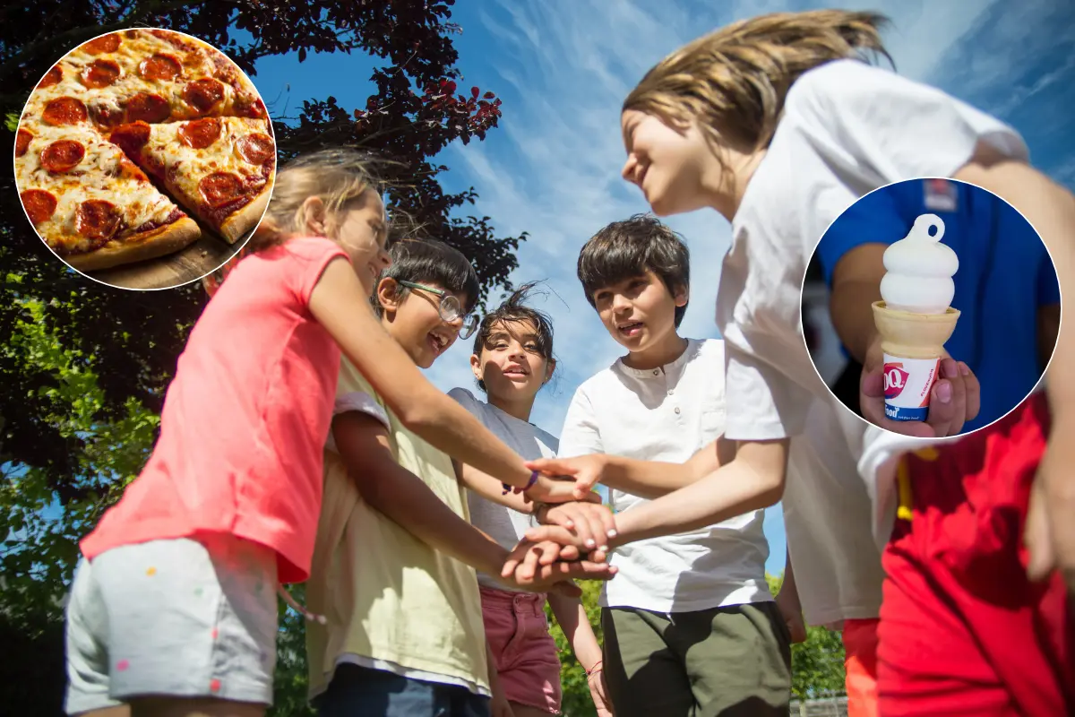 De fondo niños jugando, pizza y helado. Foto: Canva | Dairy Queen