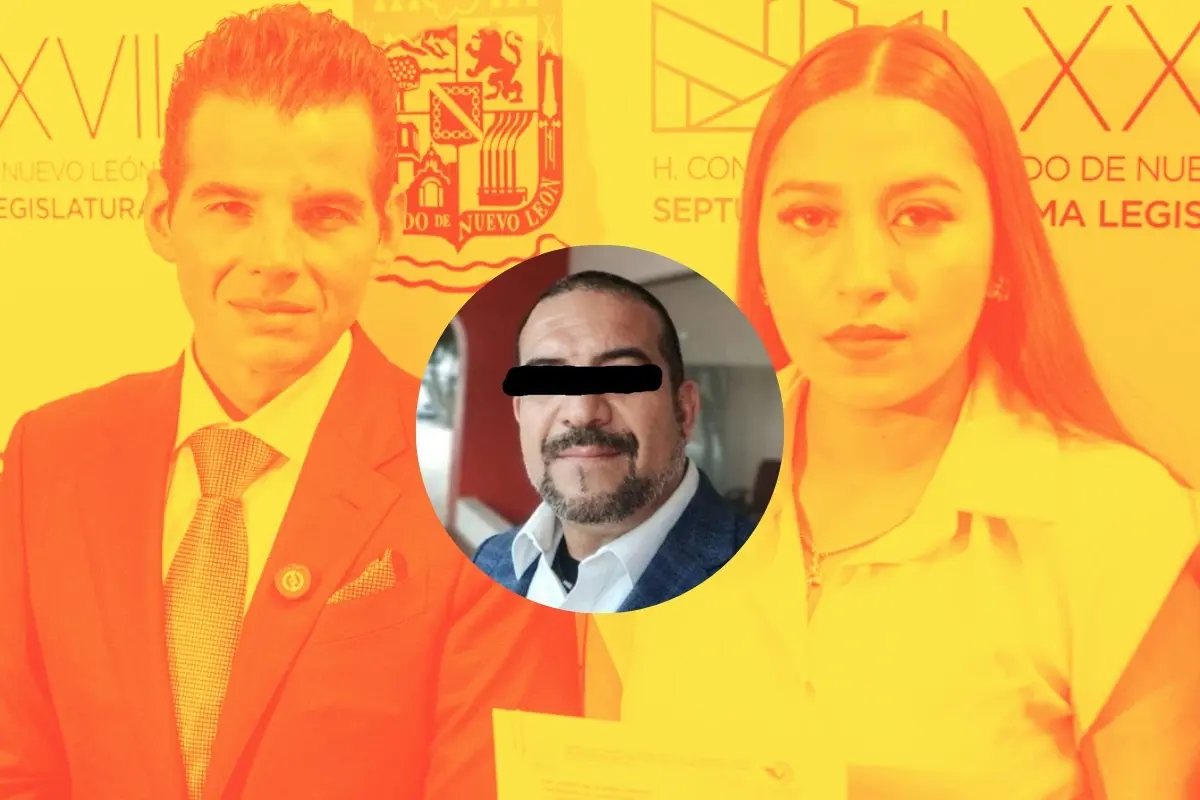 El coordinador de la Bancada de Movimiento Ciudadano en el Congreso de Nuevo León, Miguel Flores, la madre de la víctima y Aquiles N. Foto: Composición Canva