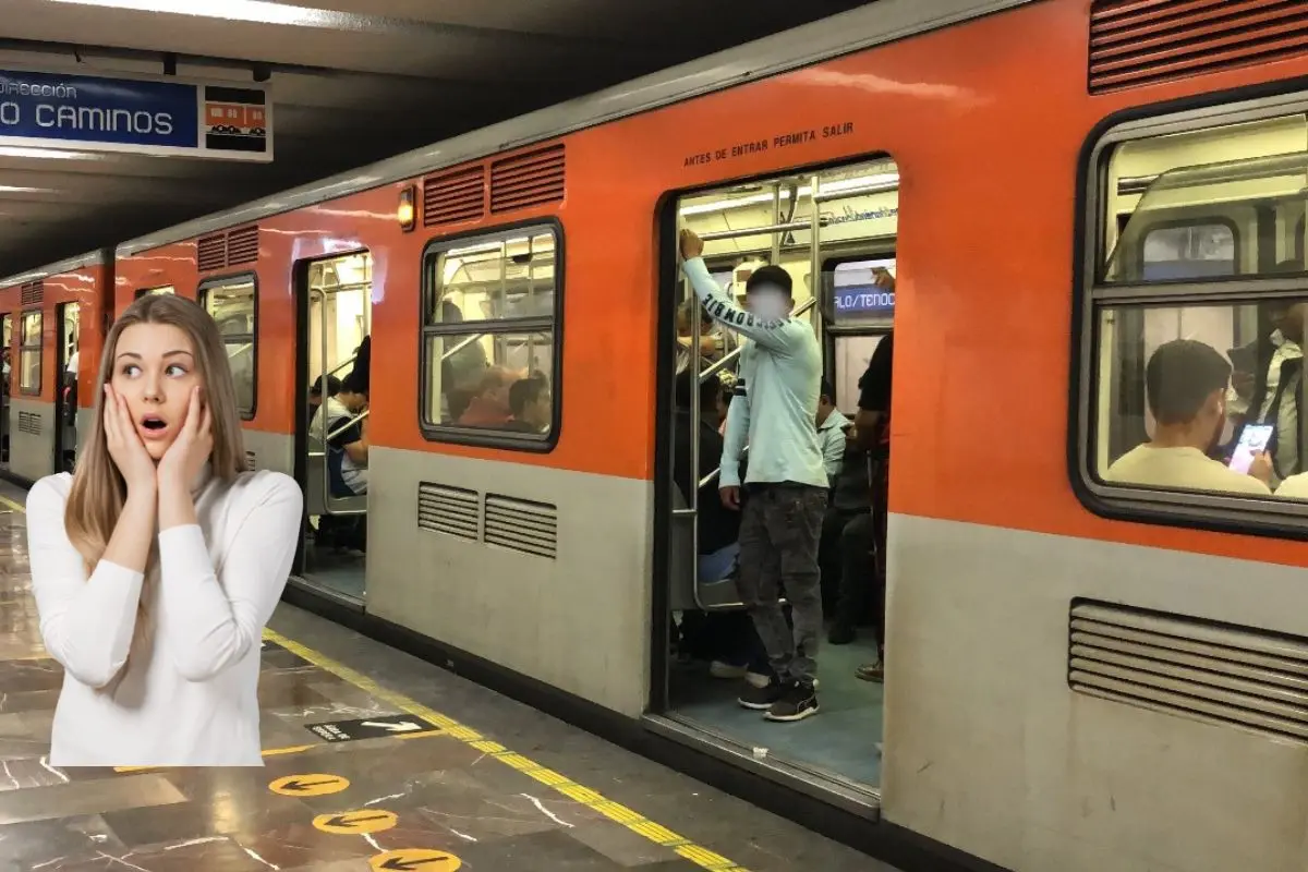 De fondo vagón del Metro CDMX en la estación Zócalo/Tenochtitlán Línea 2, persona sorprendida Foto: X (@MetroCDMX) | Canva