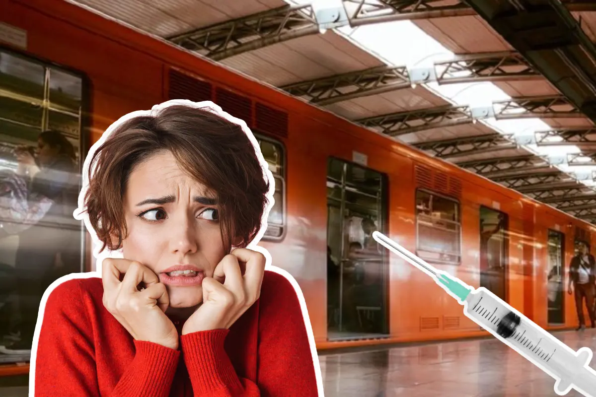 De fondo Metro, persona preocupada e ilustración de inyección por pinchazos. Foto: Metro CDMX | Canva