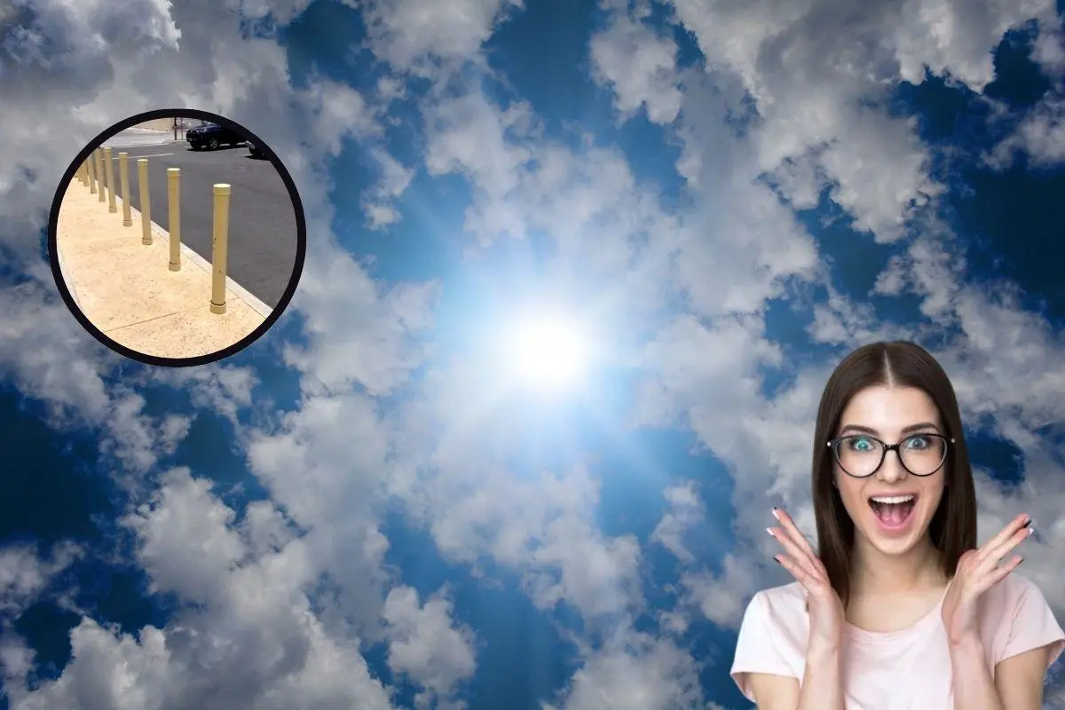 De fondo cielo soleado, persona sorprendida, postes sin sombra. Foto: X (@interesting_aIl) | Canva