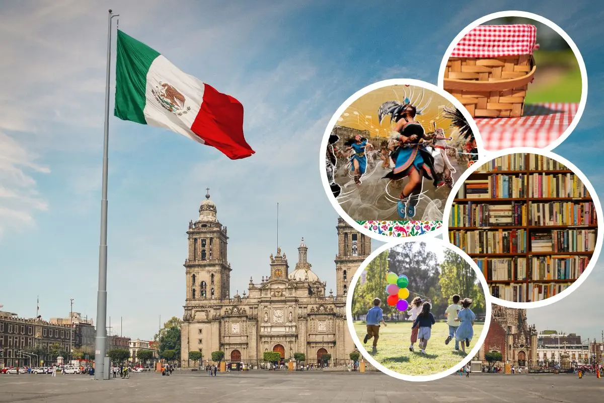 De fondo la plancha del Zócalo Capitalino, picnic, danza prehispánica, estante con libros, niños corriendo. Foto: Canva