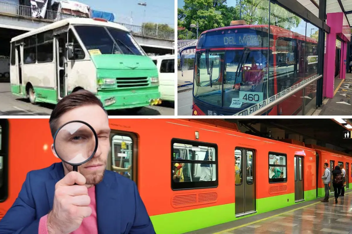 De fondo microbús, Metrobús, Metro, persona con lupa. Foto: Semovi l Canva